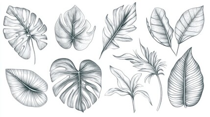 16.1. A stunning hand-drawn botanical illustration featuring a collection of tropical leaves, intricately detailed with fine line work to showcase the veins, curves, and natural imperfections of each