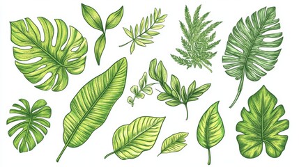18.3. A beautiful hand-drawn vector composition of tropical leaves, featuring various plant species such as palm fronds, monstera leaves, and other exotic foliage. Each leaf is outlined in fine