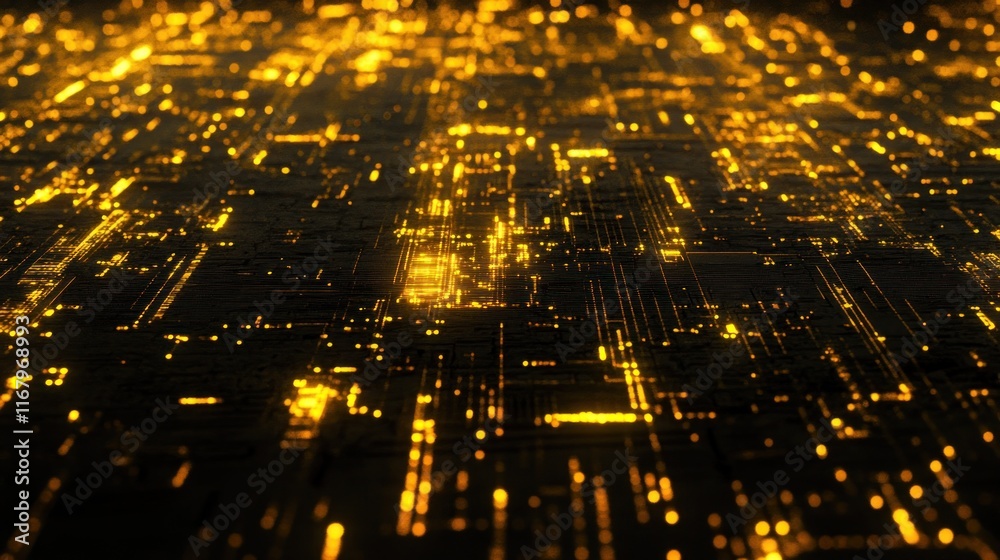 Fototapete abstract glowing circuit board texture with golden lines and nodes.