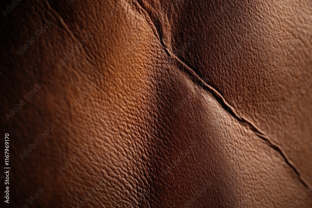 Poster close-up of brown leather texture with a seam, showing wrinkles and variations in tone and color.