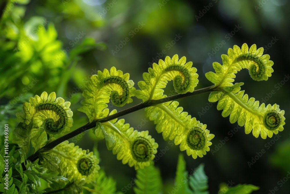 Poster close-up of vibrant green fern fronds unfurling in a spiral pattern, showcasing intricate details an