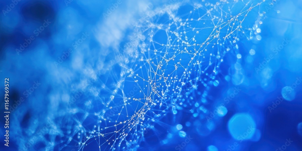 Poster Abstract blue network background with bokeh lights and interconnected nodes.