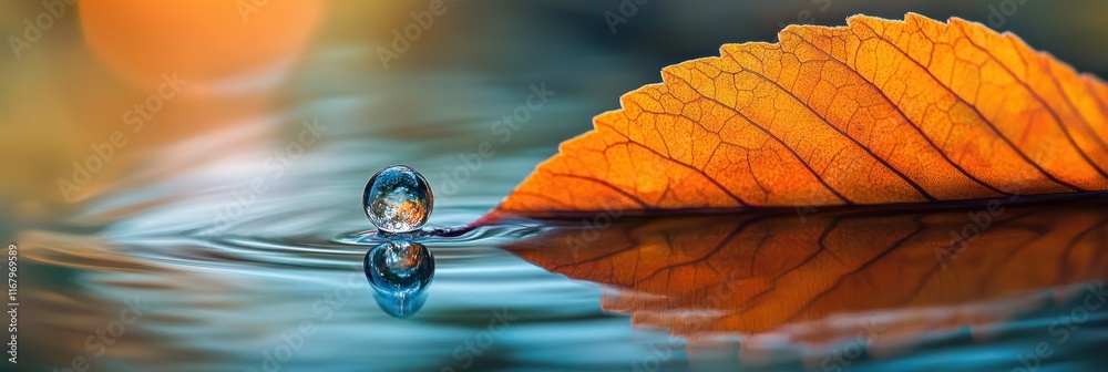 Poster autumn leaf floats on calm water, a water droplet rests on the surface creating ripples.