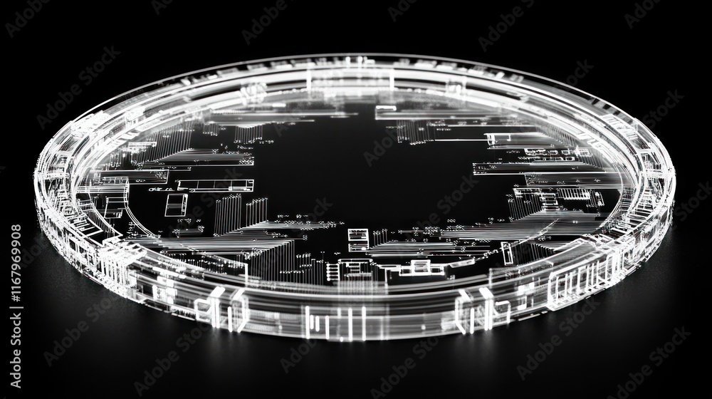 Poster futuristic transparent disc with intricate circuit-like design, isolated on black background.