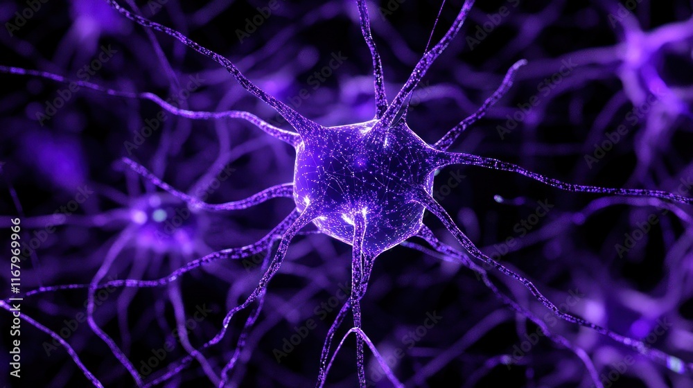 Poster Microscopic view of purple glowing neuron cells with intricate network of axons and dendrites.