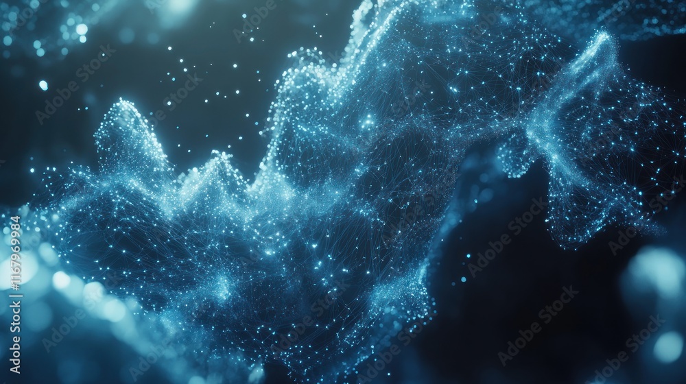Aufkleber Abstract blue particle wave flowing in dark background.