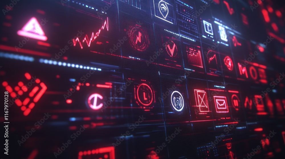 Poster futuristic digital interface with glowing red and blue icons and graphs.