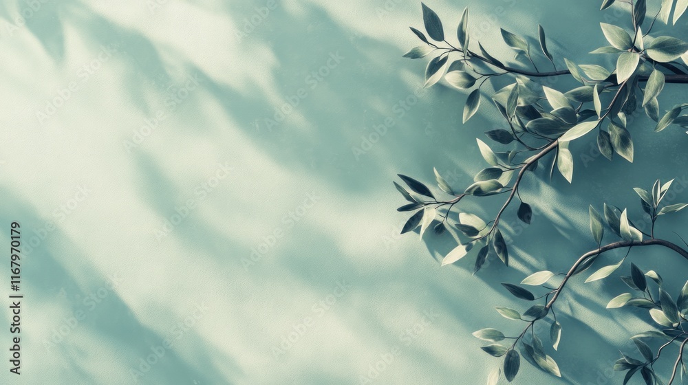 Aufkleber sunlit green leaves and branches on a pastel background with shadow overlay.