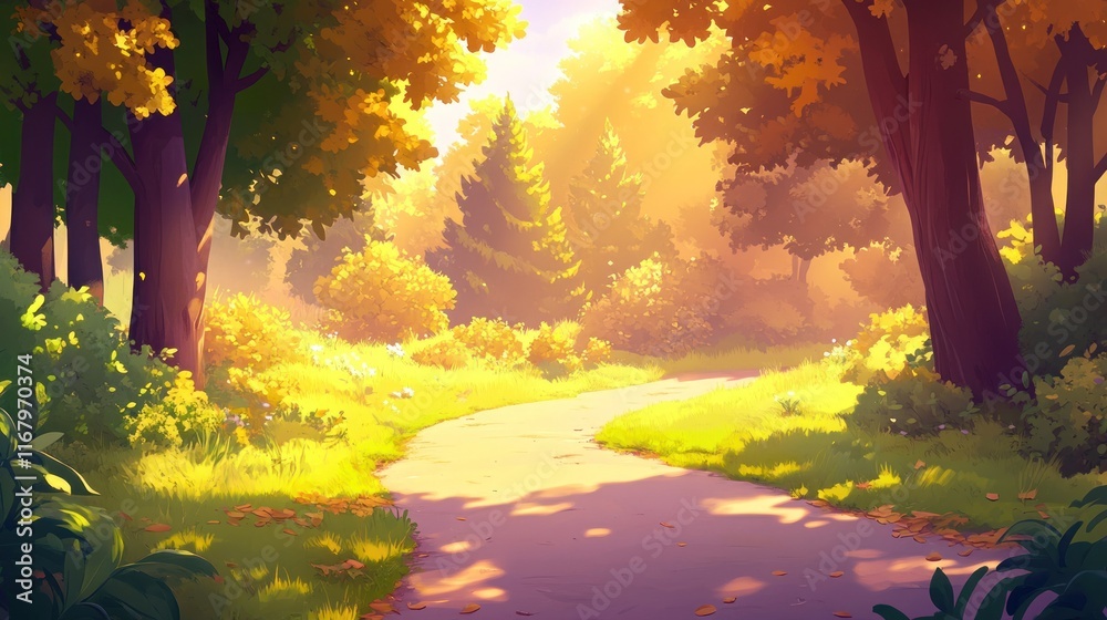 Poster sunlit path winding through a vibrant autumn forest.