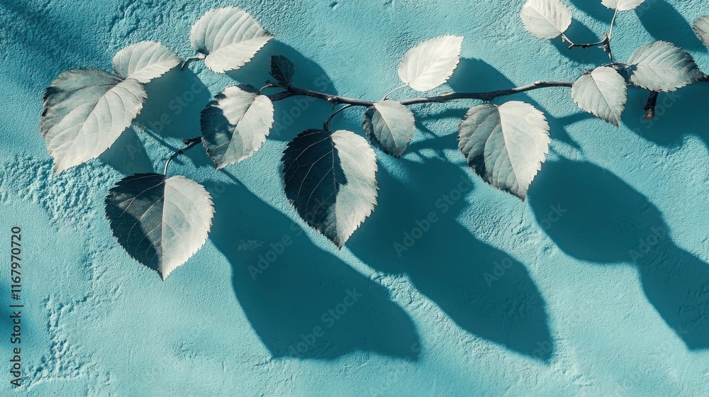 Poster branch with leaves casting shadows on a blue textured background.