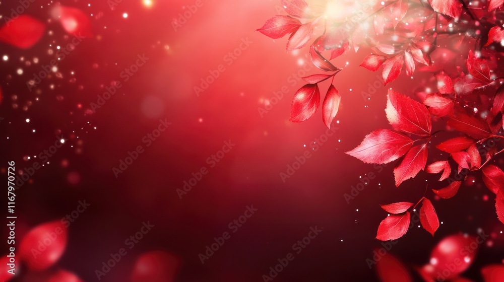 Poster red leaves branch, autumn background with bokeh.