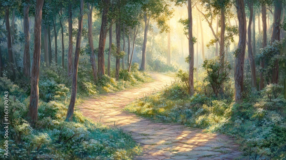 Poster sunlit path winding through a lush green forest with tall trees and vibrant foliage.