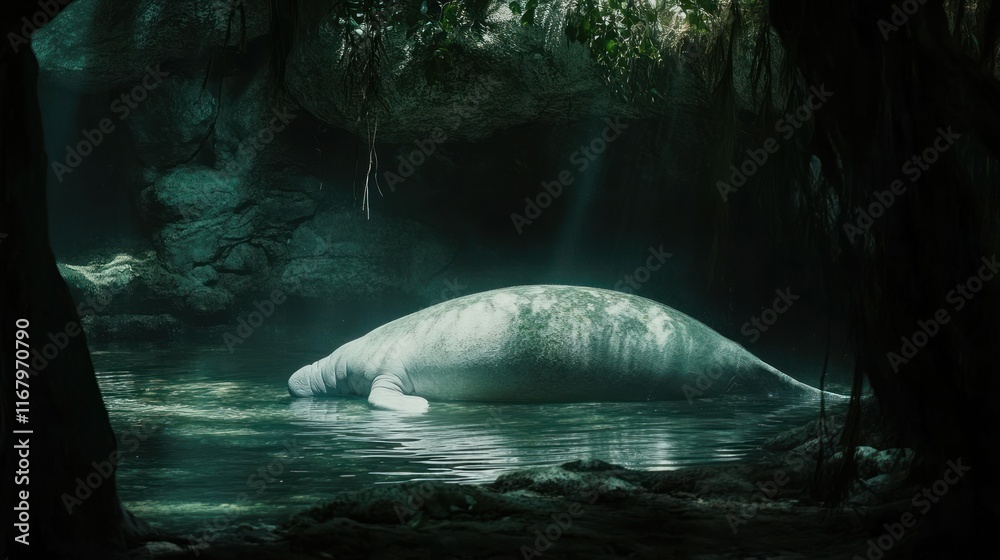 Poster a manatee rests in a dimly lit, tranquil underwater cave, partially submerged in calm water.