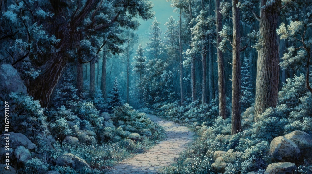 Poster serene winter forest path winding through snow-covered trees and rocks.