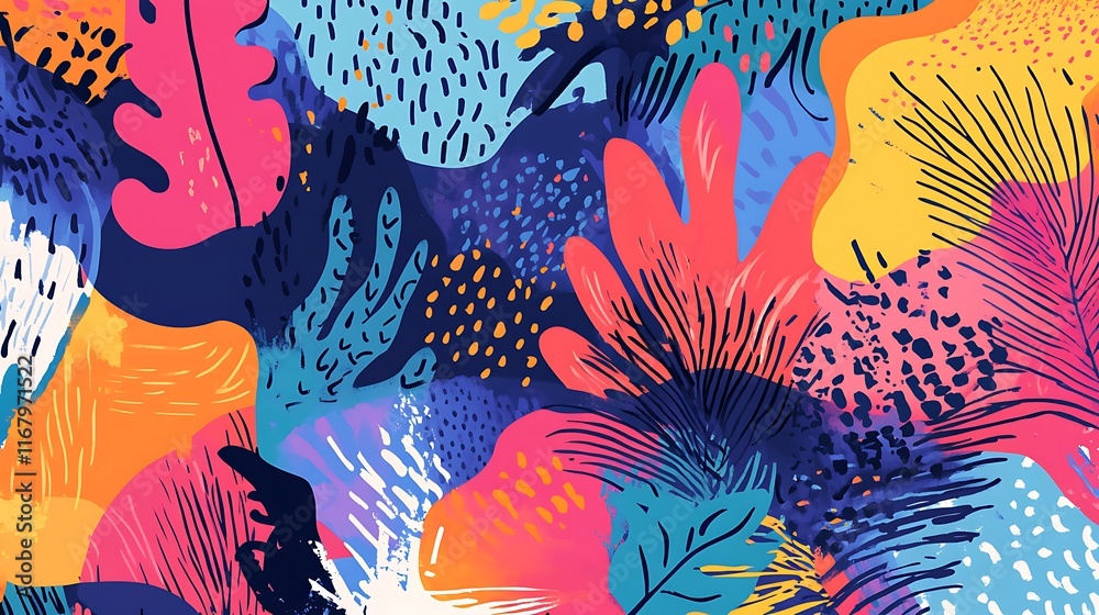 Poster a colorful background featuring various intricate patterns and playful doodles, creating a vibrant a