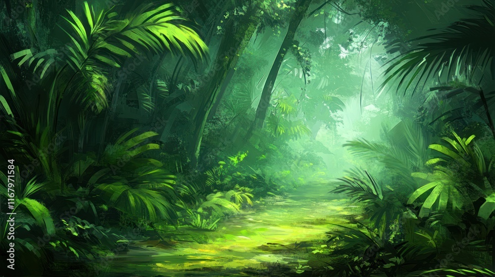 Poster lush green jungle path with dense foliage and soft light.