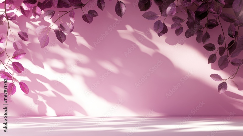 Poster pink wall background with purple leaves and shadows, creating a minimalist and elegant scene.