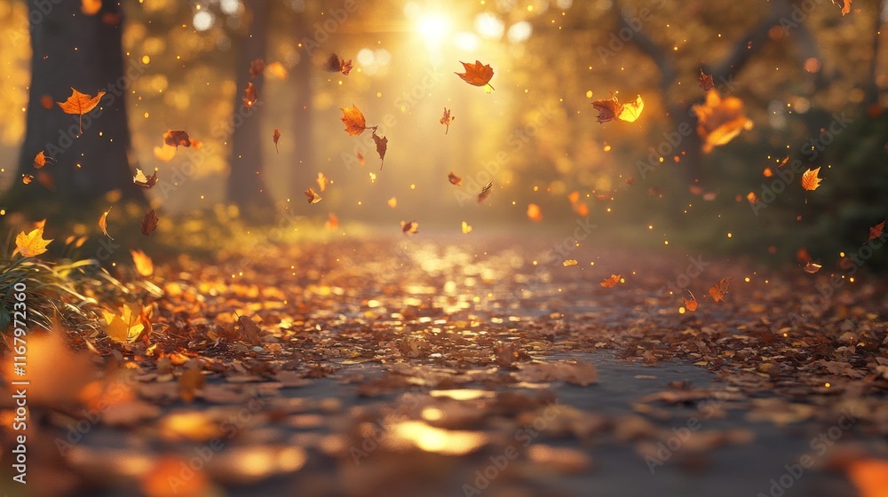 Poster sunlit autumn path with falling leaves.