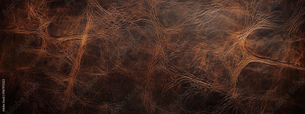 Poster close-up of dark brown leather texture with intricate lines and wrinkles.
