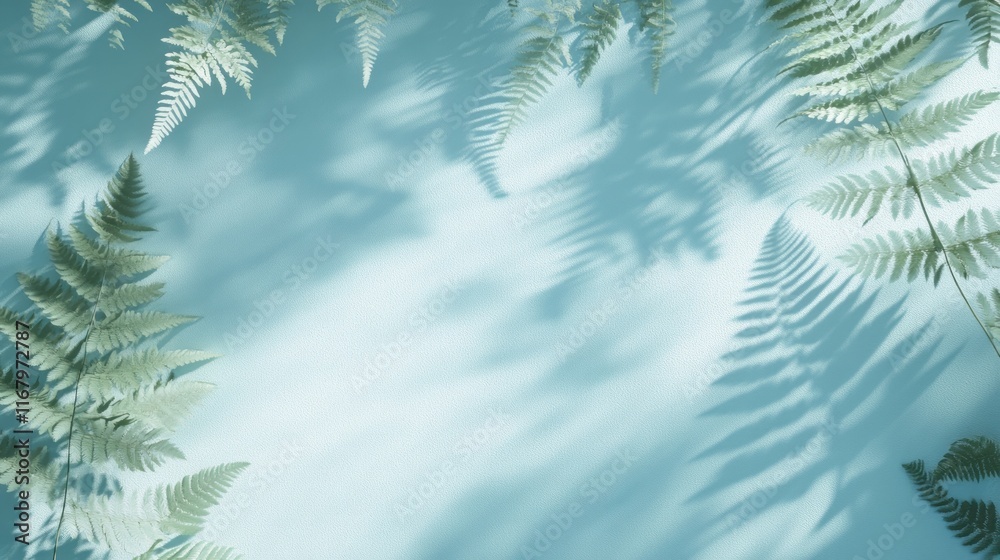 Aufkleber Soft light casts shadows of ferns on a teal background, creating a serene, minimalist frame.