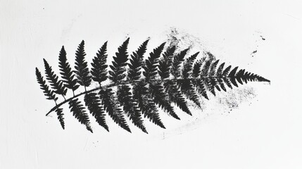 Obraz premium 100.A striking ink stamp impression of a fern leaf, capturing the intricate details of its organic texture. The bold, textured print stands out in high contrast against a white background, creating a