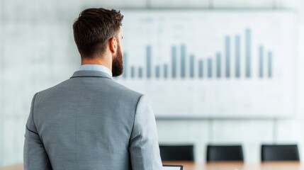 Cash management and finance optimization, A businessman in a suit analyzes growth data displayed on a large screen, standing in a modern conference room.