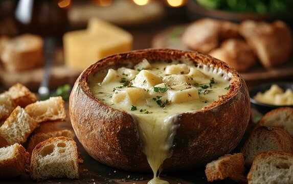 Warm Cheese Fondue in a Crusty Bread Bowl, Gourmet Appetizer, Creamy Cheese Delight, Melted Cheese, Delicious Food Photography