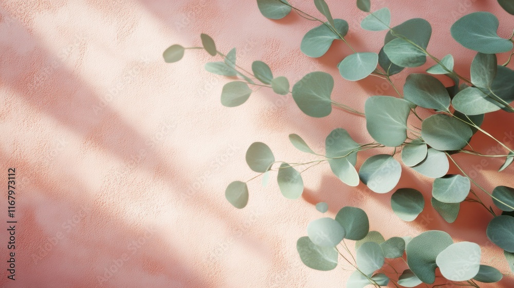 Aufkleber sunlight illuminates eucalyptus branches on a peach background.