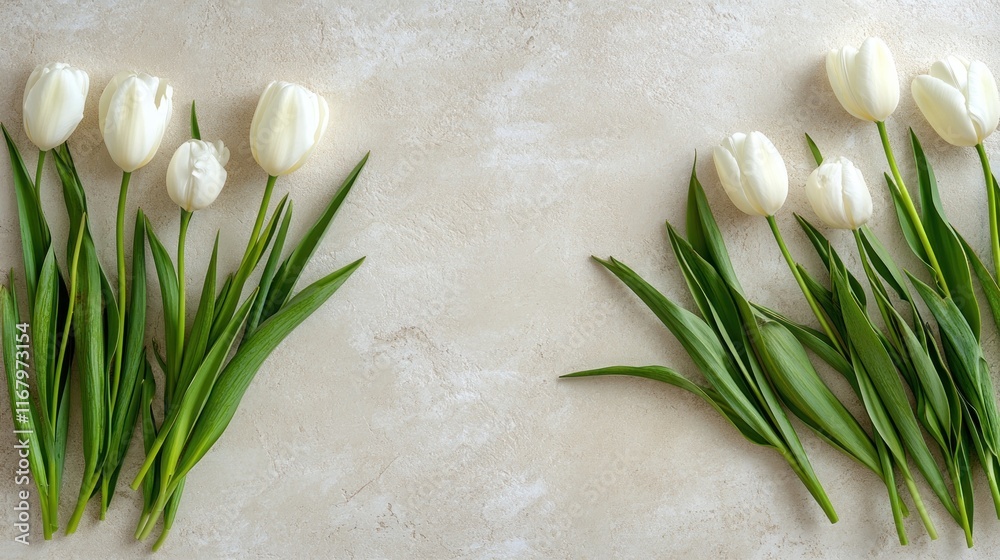 Aufkleber flat lay of white tulips on beige background with copy space.