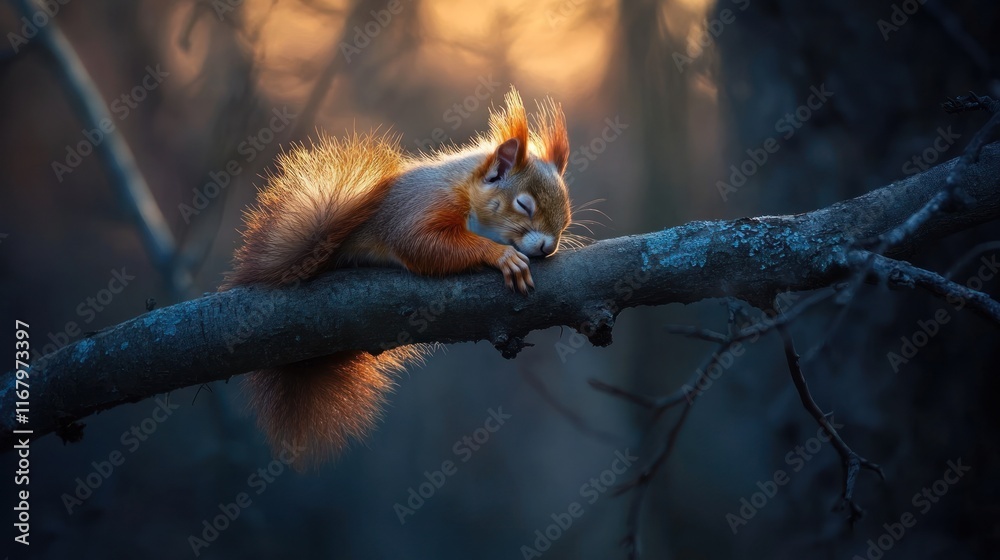 Poster a red squirrel sleeps peacefully on a tree branch at sunset.