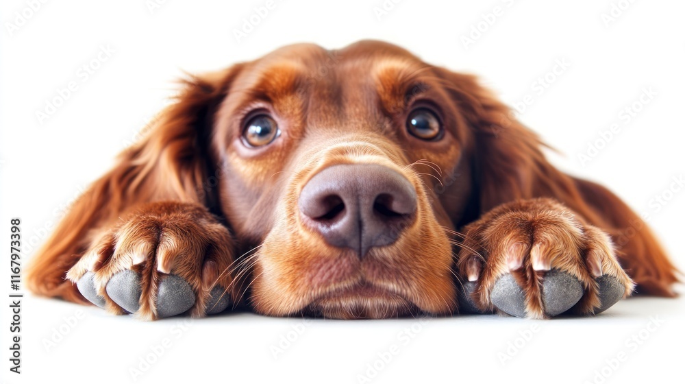 Poster close-up of a brown dog lying down with its paws on a white background, looking at the camera with b