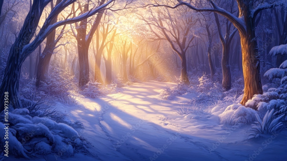 Poster sun rays illuminate a snow-covered path through a winter forest.