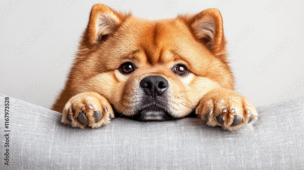 Aufkleber adorable fluffy ginger chow chow dog resting its paws on a grey cushion, looking directly at the cam