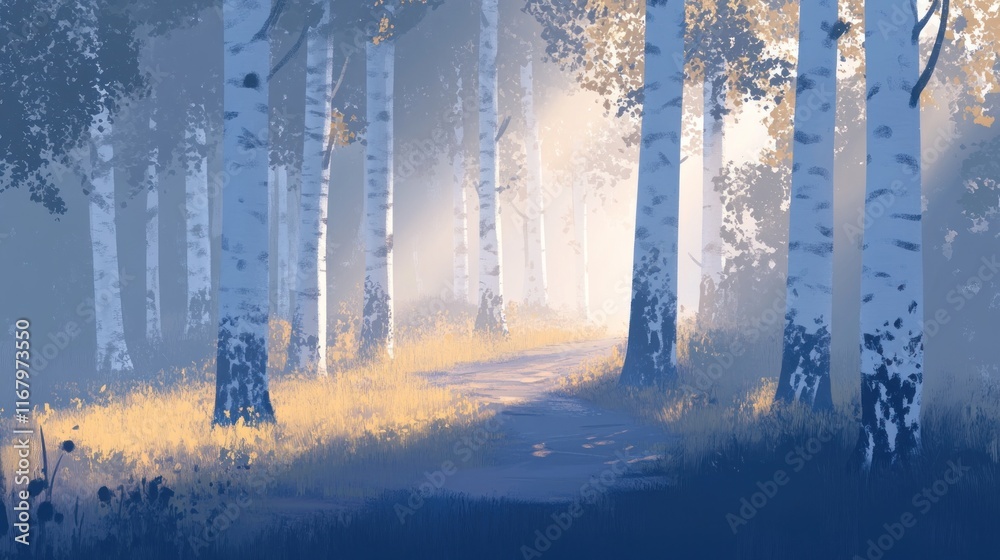 Poster sunlit path through misty birch forest.