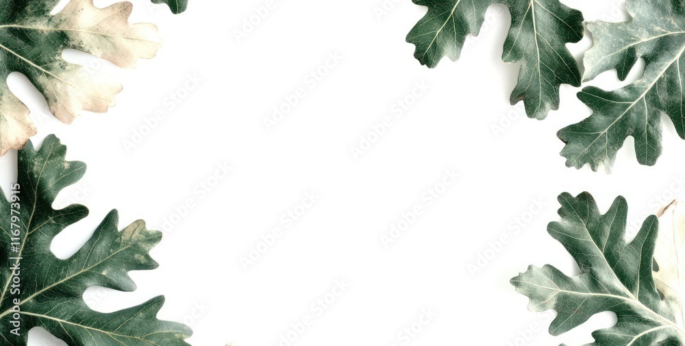 Aufkleber flat lay of green and beige oak leaves arranged on white background, creating a frame.