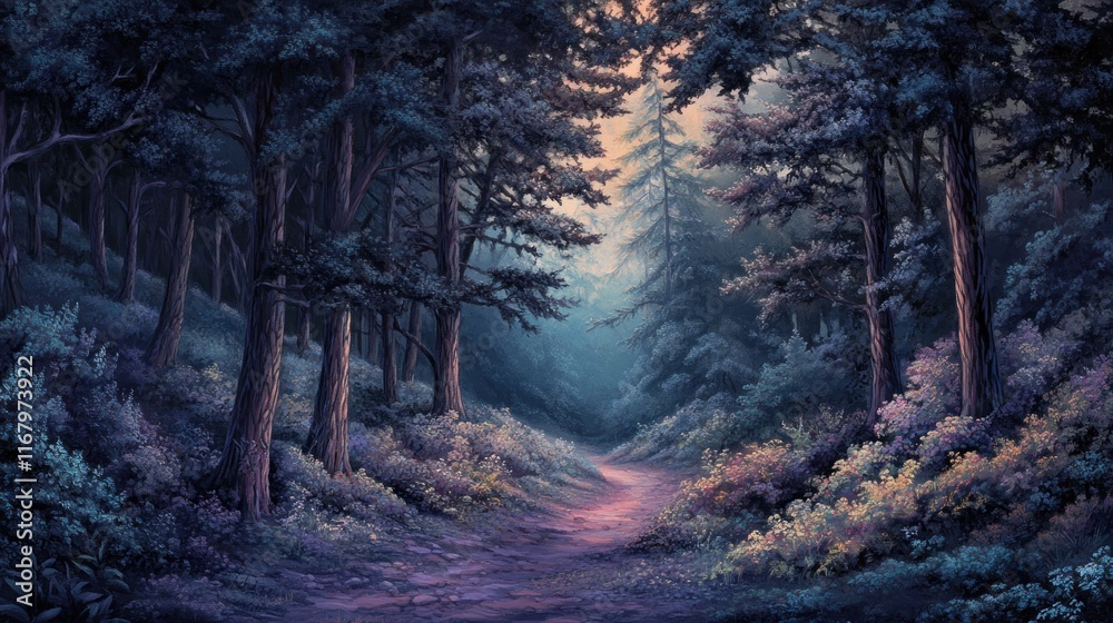 Aufkleber Serene path through a mystical twilight forest with tall trees and soft light.