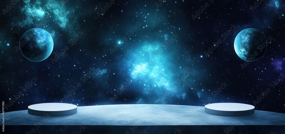 Aufkleber Two round platforms on a cosmic background with planets and nebulae.