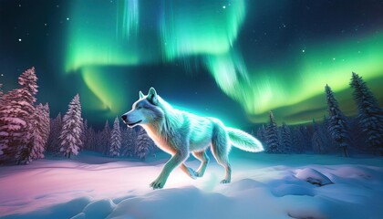 Fototapeta premium Arctic Wolf Aurora Borealis Winter Night - Whimsical/Fantasy