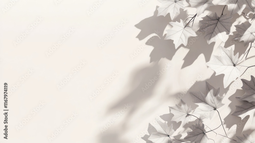 Poster Soft light casts shadows of maple leaves on a beige background, creating a minimalist, botanical design.