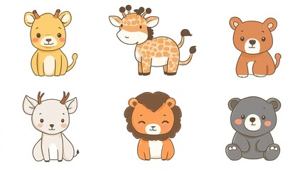 Fototapeta premium Adorable minimal illustrations of giraffe, lion, tiger, deer, elephant, and bear in cartoon style, white background. 