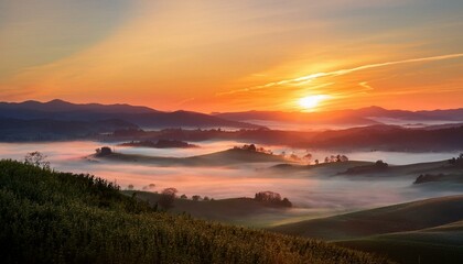 Obraz premium Serene Sunrise over Misty Hill Country, Rolling Hills and Golden Light