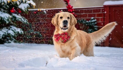 Golden Retriever in Red Bow Tie, Winter Wonderland Snow Scene