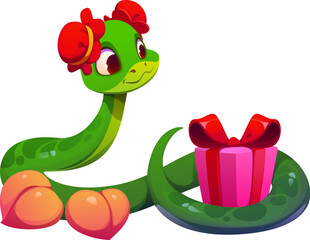Chinese lunar new year and valentine day cartoon cute snake character with cheerful expression, green scales and red floral decorations on its head curls around pink gift box tied with a red ribbon