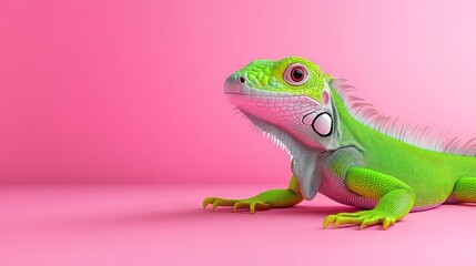 Naklejka premium A vibrant green iguana posed against a pink background.