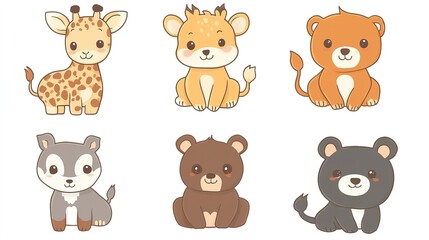 Fototapeta premium Cartoon-style minimal animal set featuring giraffe, lion, tiger, deer, elephant, and bear on a clean white background. 