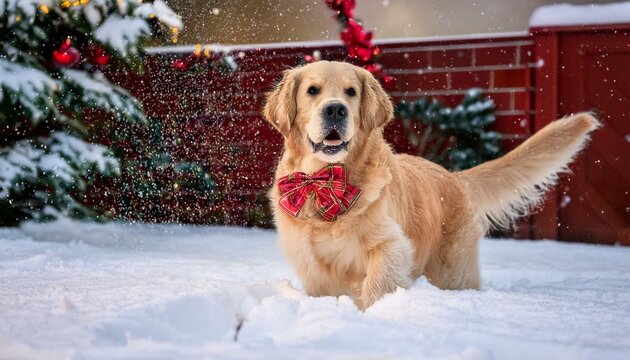 Golden Retriever in Red Bow Tie, Winter Wonderland Snow Scene