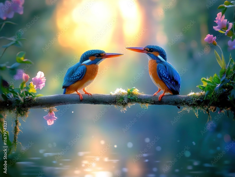Poster two kingfishers face each other on a branch by a calm river at sunset.