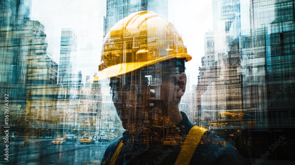 Poster double exposure of a construction worker in a hardhat superimposed over a cityscape.