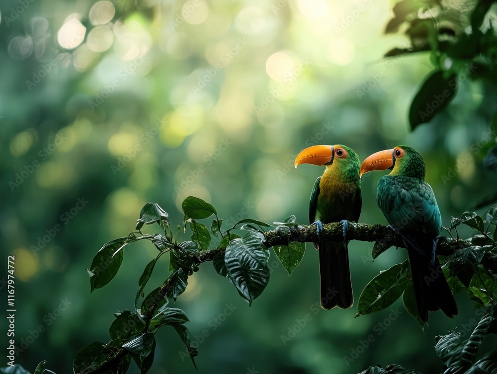Poster two emerald toucans perched on a branch in a lush green forest, bathed in soft sunlight.