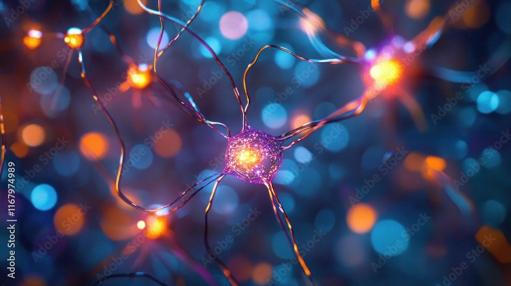 Poster Microscopic view of glowing neuron network, synapses firing, complex neural connections.